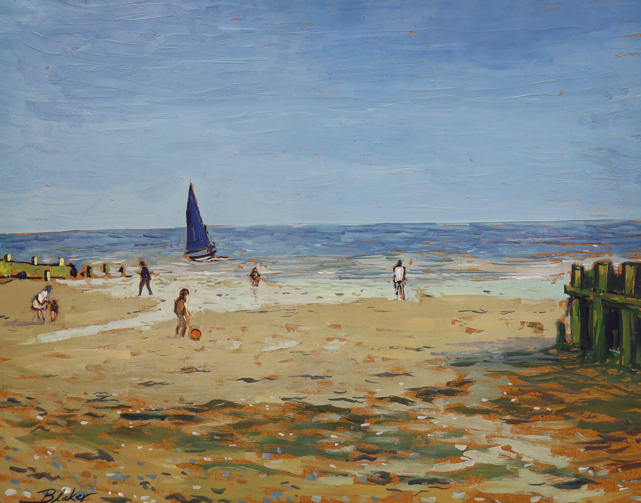 Michael John Blaker (1928-2018), two oils on board, Costal scenes with figures, signed, unframed, each 51 x 61cm